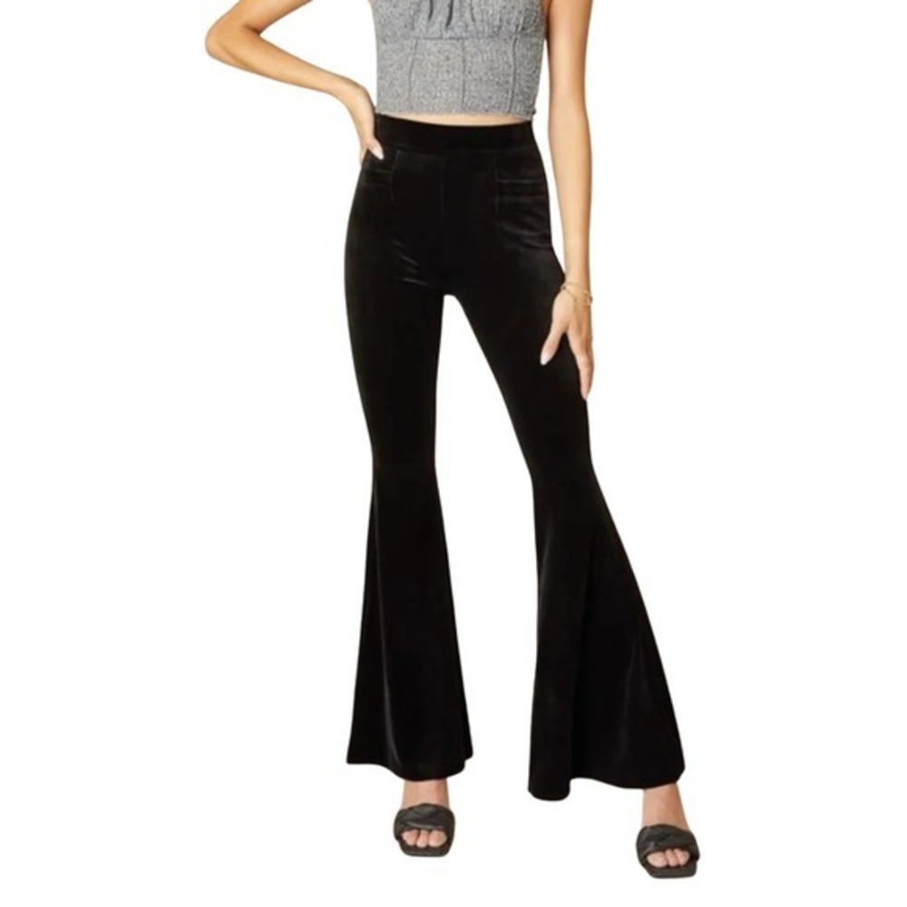 KanCan Pants Womens Large Black Velvet Flare Ribbed High Rise Bell Bottom Boho